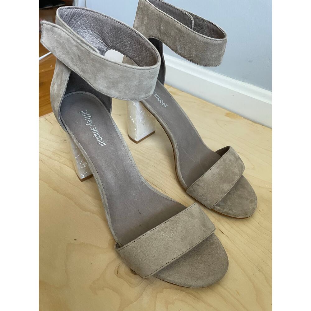 Jeffrey Campbell Lindsay Heels 3.5" sz 10 Suede Leather Nude Lucite Sparkle Heel - Picture 8 of 10